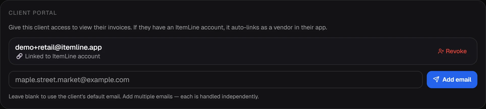 The Client portal card on a client profile, with an email field and an Add email button